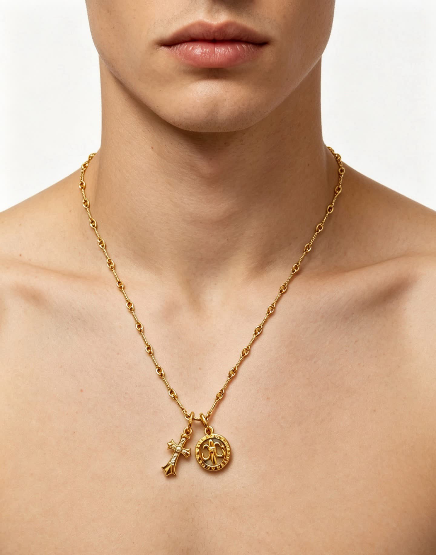 Chrome Hearts Gold Rosary Necklace with Cross and Round Medallion